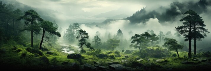 panorama banner of mountain forest landscape with fog and green trees