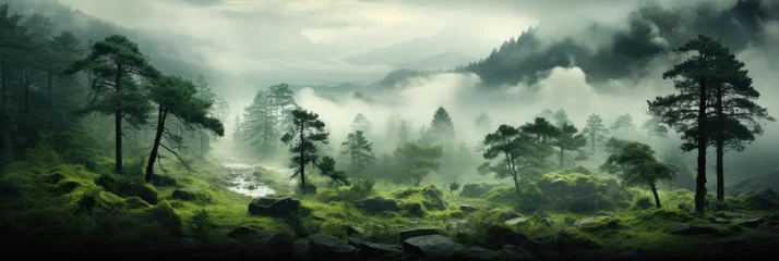 Fotobehang panorama banner of mountain forest landscape with fog and green trees © Barosanu