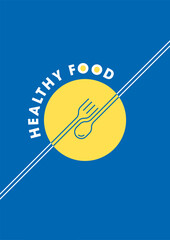fork, spoon and plate concept on blue page. healthy food cover design