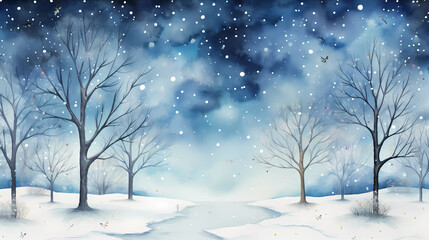 A watercolor painting of trees in the snow with snowflakes on the background and a blue sky