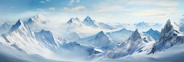 Fototapeta na wymiar Panoramic landscape of high mountain range in winter with snowy peaks with ice and clouds