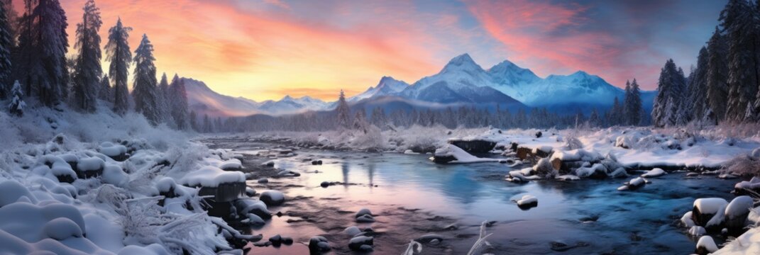 snowy mountains with river panorama cover banner in winter with snow and ice © Barosanu