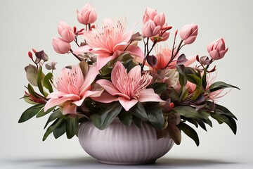 Pink lilies in a pot on a white background