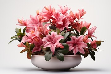 Pink lilies flower in a pot on a white background