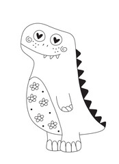 Cute bright dinosaur smiles. Ancient animal in cartoon style isolated on white background. decoration of children's room, objects and textiles. vector illustration. Hand drawing.