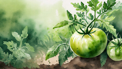 Green young tomato vegetable in the garden, copy space on a side, watercolor art style - obrazy, fototapety, plakaty