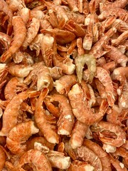 Red large shrimp frozen shot from top close-up, seafood, delicacies.