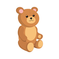 Cute toy bear. A smiling teddy bear sits on the floor. Soft cartoon toy Teddy Bear brown. Teddy bear. Vector illustration on white background