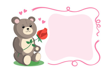 A smiling teddy bear with a rose and hearts is sitting.  Postcard, flyer layout. Cute toy bear with a flower. Soft cartoon toy Teddy Bear brown. Valentine's Day, love. Vector illustration