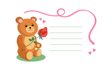 Postcard, flyer layout. Cute toy bear with a flower. A smiling teddy bear with a rose and hearts is sitting. Soft cartoon toy Teddy Bear brown. Valentine's Day, love. Vector illustration.
