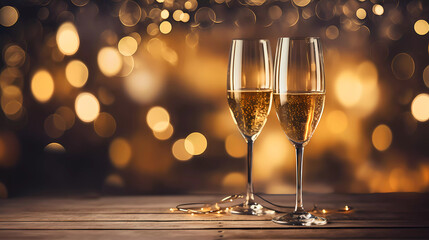Two champagne flutes with gold glitters on a table with a blurry background of lights and boke - obrazy, fototapety, plakaty