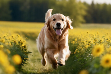 Golden retriever running in a meadow