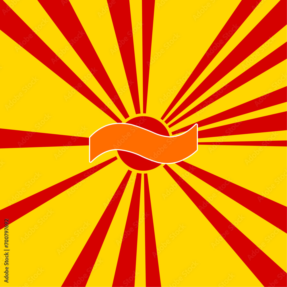 Poster tilde symbol on a background of red flash explosion radial lines. the large orange symbol is located
