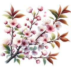 Cherry blossom branch with flowers watercolor paint for spring card