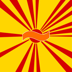 Tilde symbol on a background of red flash explosion radial lines. The large orange symbol is located in the center of the sun, symbolizing the sunrise. Vector illustration on yellow background