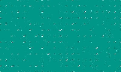 Seamless background pattern of evenly spaced white deer symbols of different sizes and opacity. Vector illustration on teal background with stars