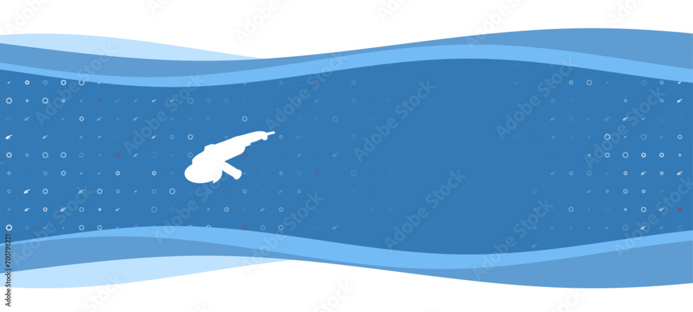 Poster blue wavy banner with a white angle grinder symbol on the left. on the background there are small wh