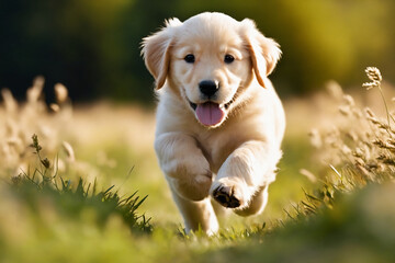 Golden retriever puppy running in a meadow - obrazy, fototapety, plakaty