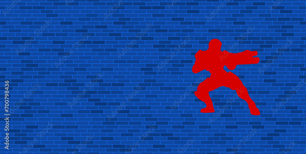 Poster blue brick wall with large red combat robot. the symbol is located on the right, on the left there i