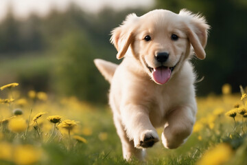 Golden retriever puppy running in a meadow