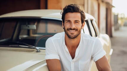 Smiling dark-haired man in a white shirt against the background of a retro car on a city street - obrazy, fototapety, plakaty