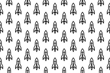 Seamless pattern completely filled with outlines of rockets. Elements are evenly spaced. Vector illustration on white background