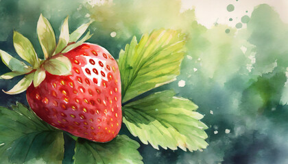 Fresh red strawberry fruit in a garden, copy space on a side, watercolor art style