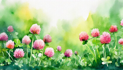 Flowering clover in meadow in a garden, copy space on a side, watercolor art style