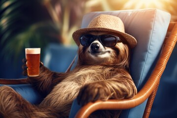 Sloth in sunglasses relaxing on a sun lounger with a drink, tropical plants background - obrazy, fototapety, plakaty
