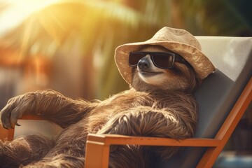Sloth in sunglasses relaxing on a sun lounger with a drink, tropical plants background