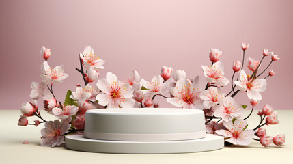 White podium, adorned with blooming cherry blossoms, stands elegantly against a soft pink gradient background.