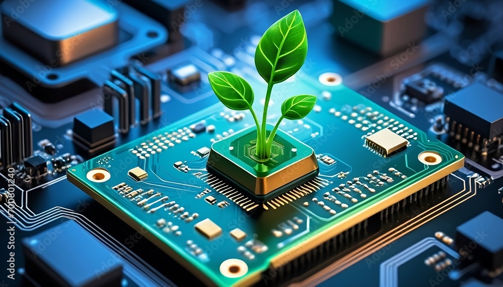 Aufkleber plant sprout on circuit board with microchip processor. technology and plants on a blurred backgroun