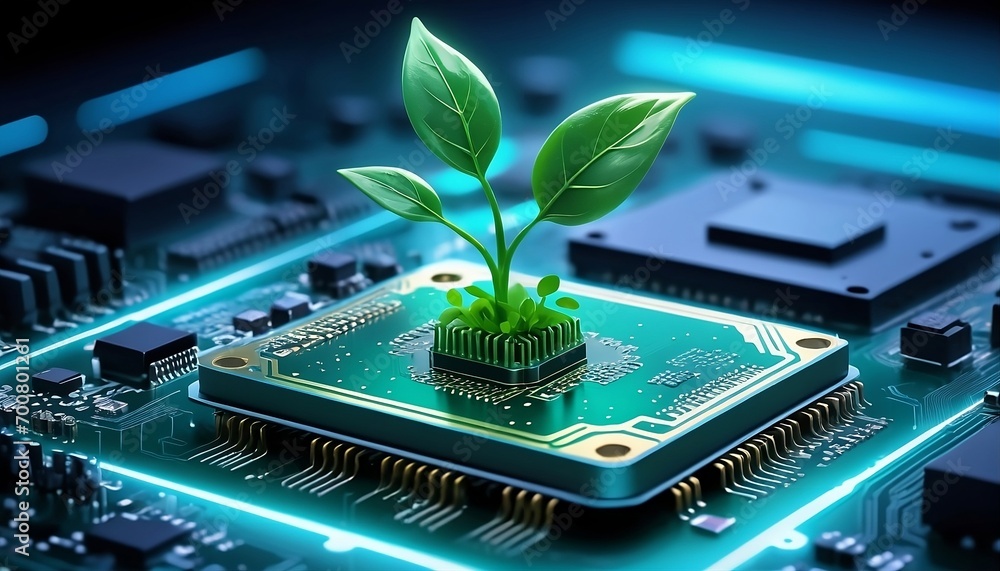 Aufkleber ecological concept. green plant sprouts from a computer microchip processor. green technology. gener