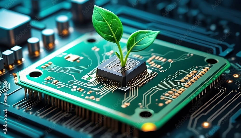 Aufkleber circuit board with microchip processor technology and plant sprout on blur background. generative ai