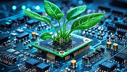 Green electronics. Plant sprouts on a microchip processor. Green technology. Environmental friendly technology and plants. Generative AI - obrazy, fototapety, plakaty
