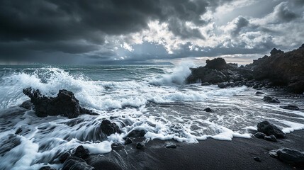 Obraz premium Black sand beach, dramatic gray clouds overhead, powerful waves crashing against volcanic rocks