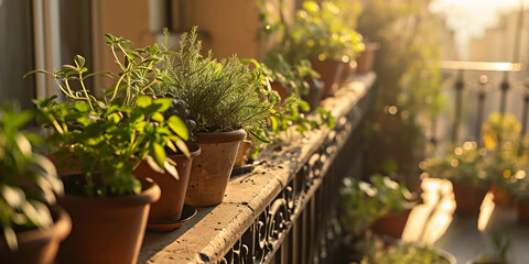Fototapeta na wymiar organic herb garden on a sunlit balcony, plants in terracotta pots, bright