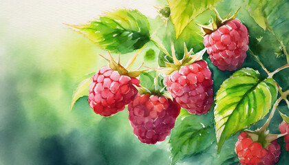Branch of ripe raspberries in a garden. Watercolor art style - obrazy, fototapety, plakaty