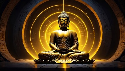 Image of meditating Lord Buddha statue with yellow gold neon lights in dark tunnel. Generative AI