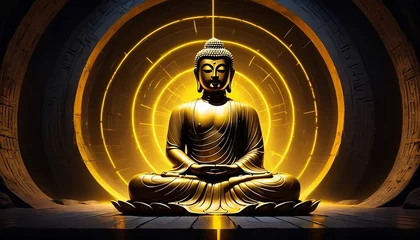 Wandaufkleber Image of meditating Lord Buddha statue with yellow gold neon lights in dark tunnel. Generative AI © Copper