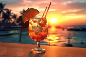 a refreshing cocktail on a tropical beach at sunset. Generative AI - obrazy, fototapety, plakaty