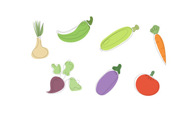 Set of vegetables. Onion, pepper, tomato, beet, zucchini, carrot, eggplant. Line art. Vector illustration. 