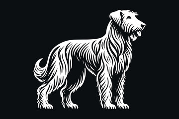 Irish Wolfhound dog. Beautiful engraving icon, logo.  Woodcut illustration, vector. Black on white