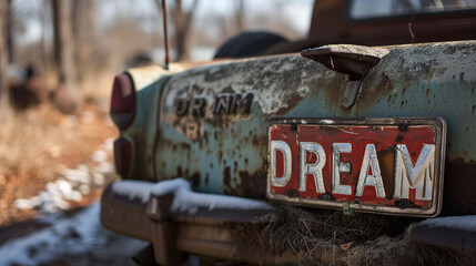 License plate of a vintage rusted car that says Dream, outdoors - obrazy, fototapety, plakaty