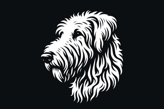 Irish Wolfhound dog. Beautiful engraving icon, logo.  Woodcut illustration, vector. Black on white