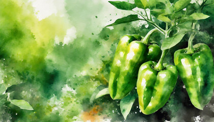 Big green sweet bell peppers, copy space on a side, watercolor art style - obrazy, fototapety, plakaty