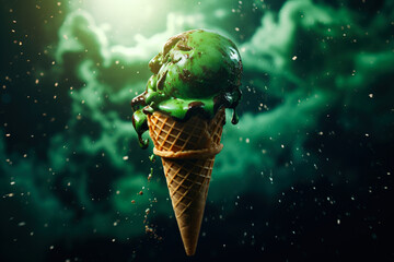 The concept of green ice cream in a waffle cone on a bright background in zero gravity and splashes around.