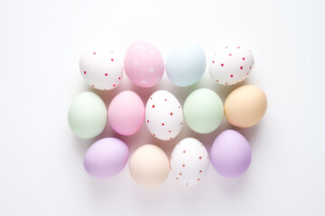 Coloful easter eggs on white background. Easter card and background for social media. Generative AI