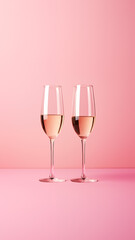 Vertical Banner with two glasses of champagne in tall glasses on a pink background. Design for holiday,  Valentine's day, place for text, front view