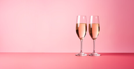 Banner with two glasses of champagne in tall glasses on a pink background. Design for holiday,  Valentine's day, place for text, front view